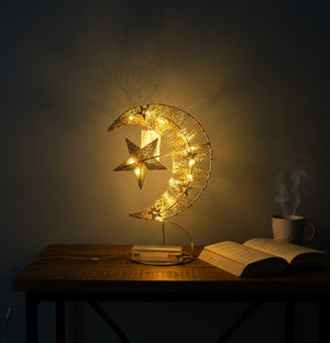 Gold Crescent Moon & Star LED Table Décor Light